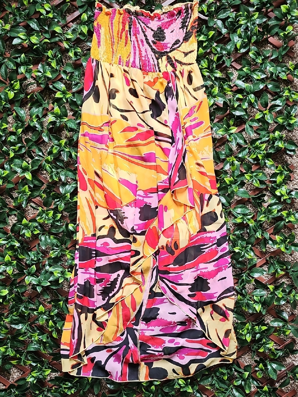 Dots Pink & Yellow Abstract Graphic Print Strapless Maxi Dress Size Medium